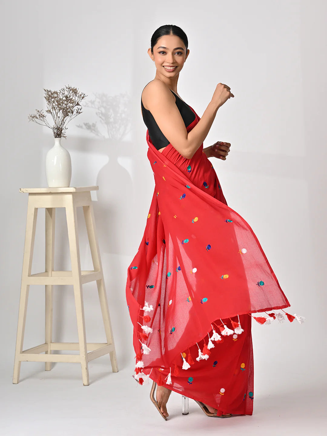 Red Embroidered Mulmul Cotton Saree