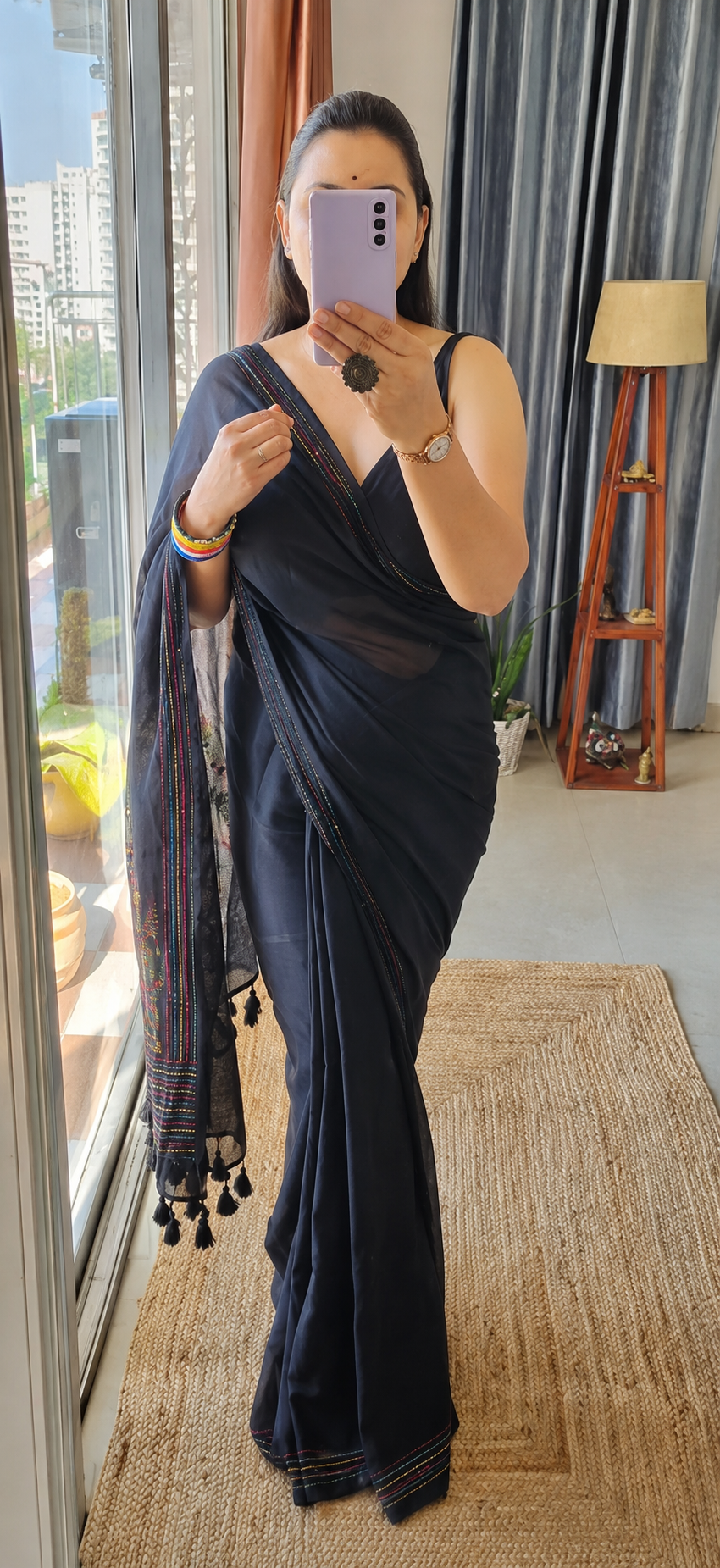 Cream Pure Mul Cotton Kantha Embroidered Saree