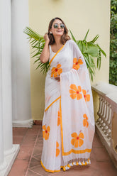 Hand Painted White Mulmul Cotton Saree