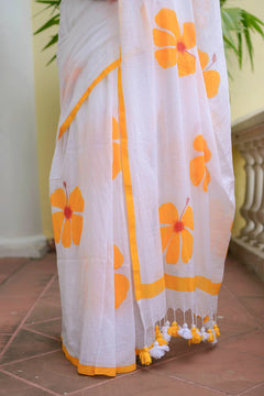 Hand Painted White Mulmul Cotton Saree
