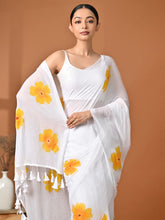 Hand Painted White Mulmul Cotton Saree