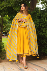 Rosemarry Yellow Cotton Anarkali Set With Lahariya Dupatta