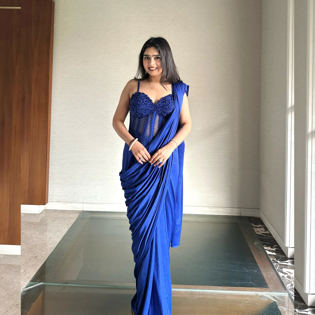 Emerald Green Off-Shoulder Corset Saree