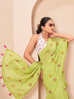 Silk Floral Checked Woven Design Border Saree