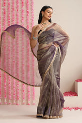 Metallic Mauve Metallic Chiffon Saree with Gold Border & Stitched Blouse