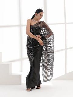 Midnight Black Sheer Striped Designer Saree with Stitched Blouse