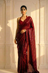Crimson Red Sequin Saree with Halter Neck Stitched Blouse