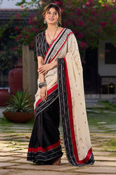 Black Saree with Ikat & Jamdani Accents with Stiched Blouse