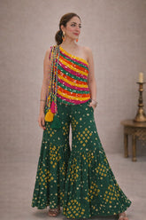 Sundown Multicolor One-Shoulder Bandhani Top with Green Sharara Set