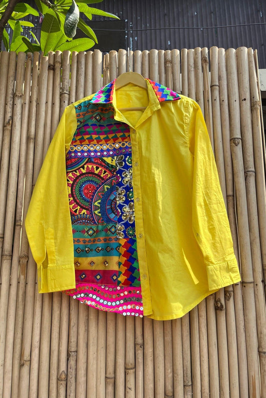 Woman Rangrez Yellow Patchwork Fusion Shirt