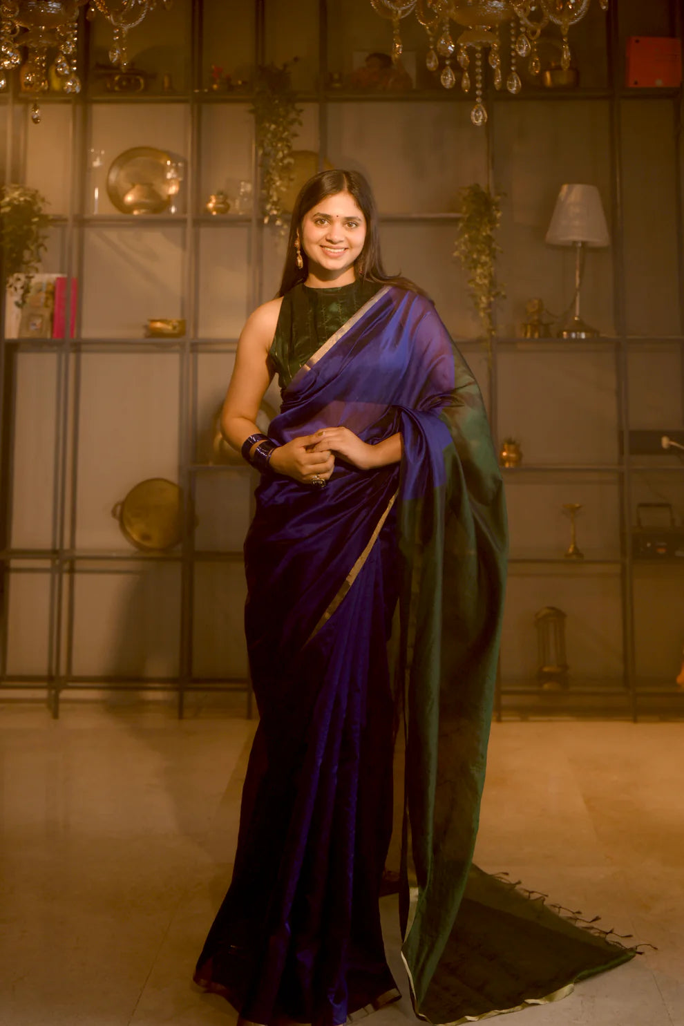 Chanderi Pattu silk saree with zari bootis all over