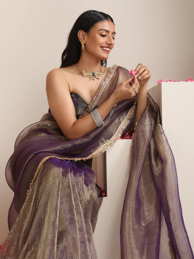 Metallic Mauve Metallic Chiffon Saree with Gold Border & Stitched Blouse