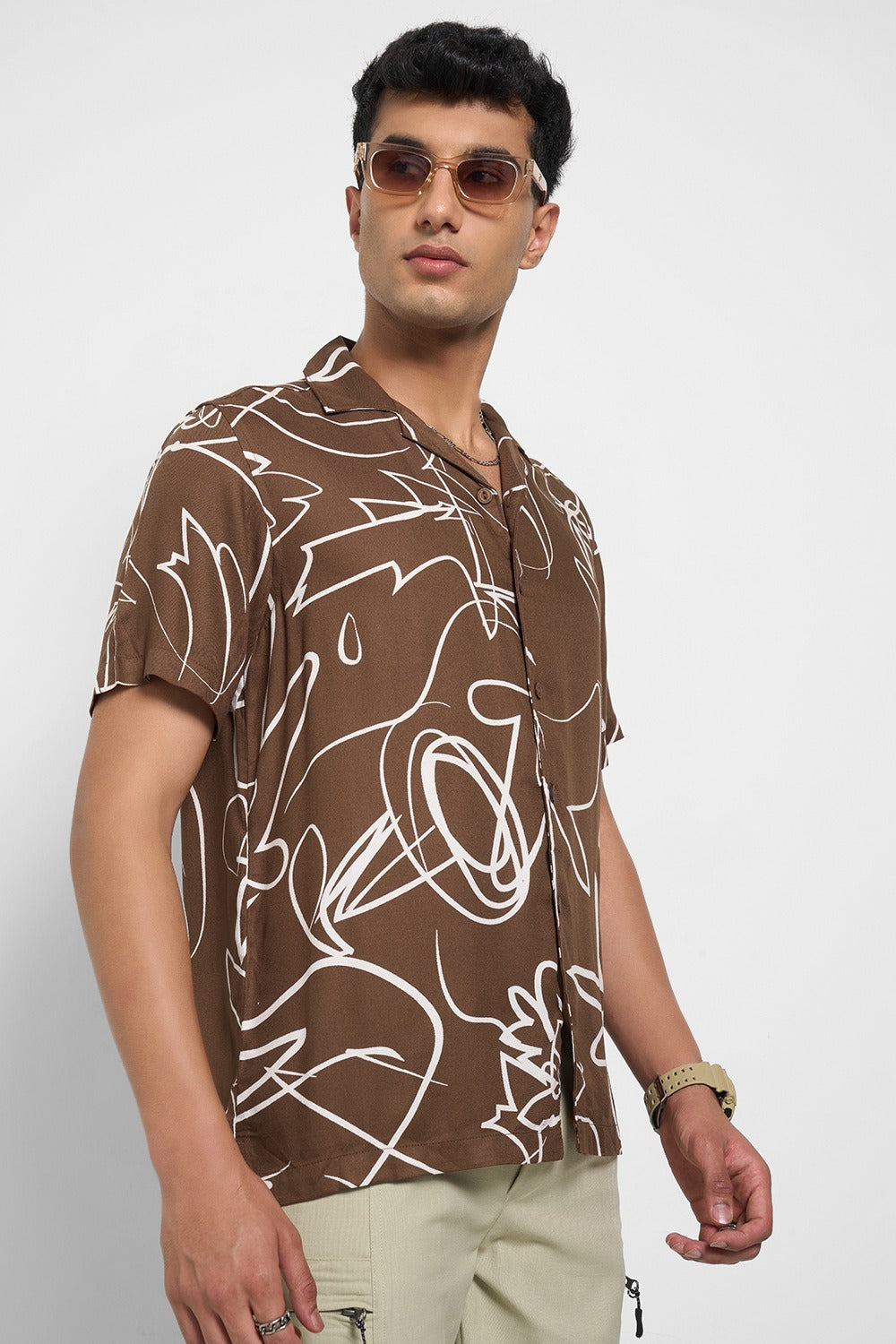 Tan Printed Relaxed Fit Half Sleeves Shirt