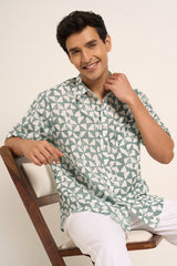 Teal Printed Regular Fit Casual Shirt Men