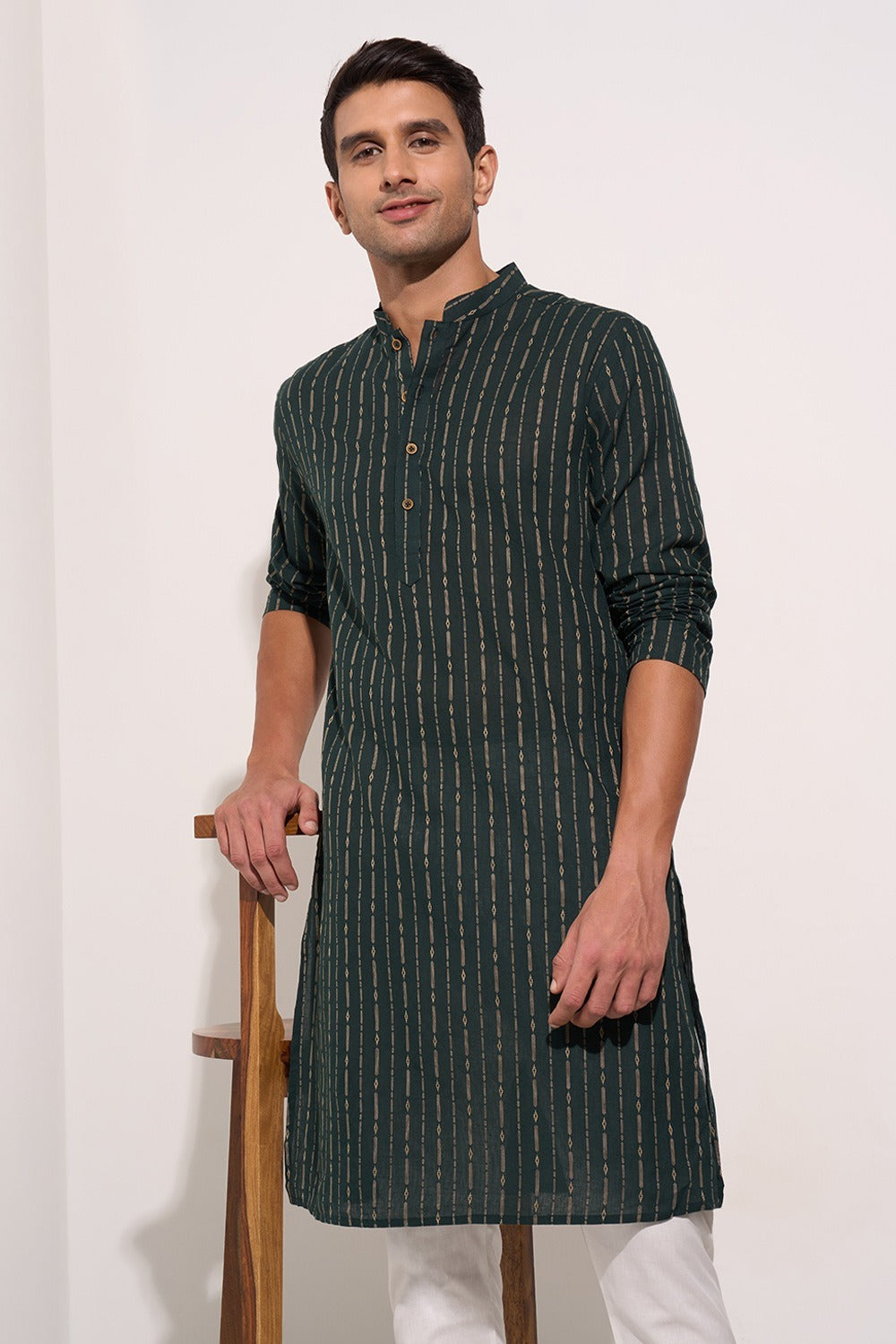 Teal Striped Below Waist Kurta for Men
