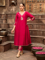 Chanderi Pink Kurta with Pants Embroidered Set