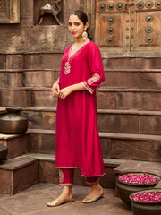 Chanderi Pink Kurta with Pants Embroidered Set