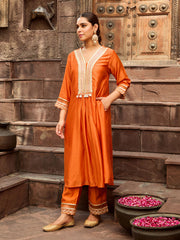 Gota Embroidered Orange Chanderi Kurta Pant Set