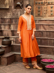 Gota Embroidered Orange Chanderi Kurta Pant Set