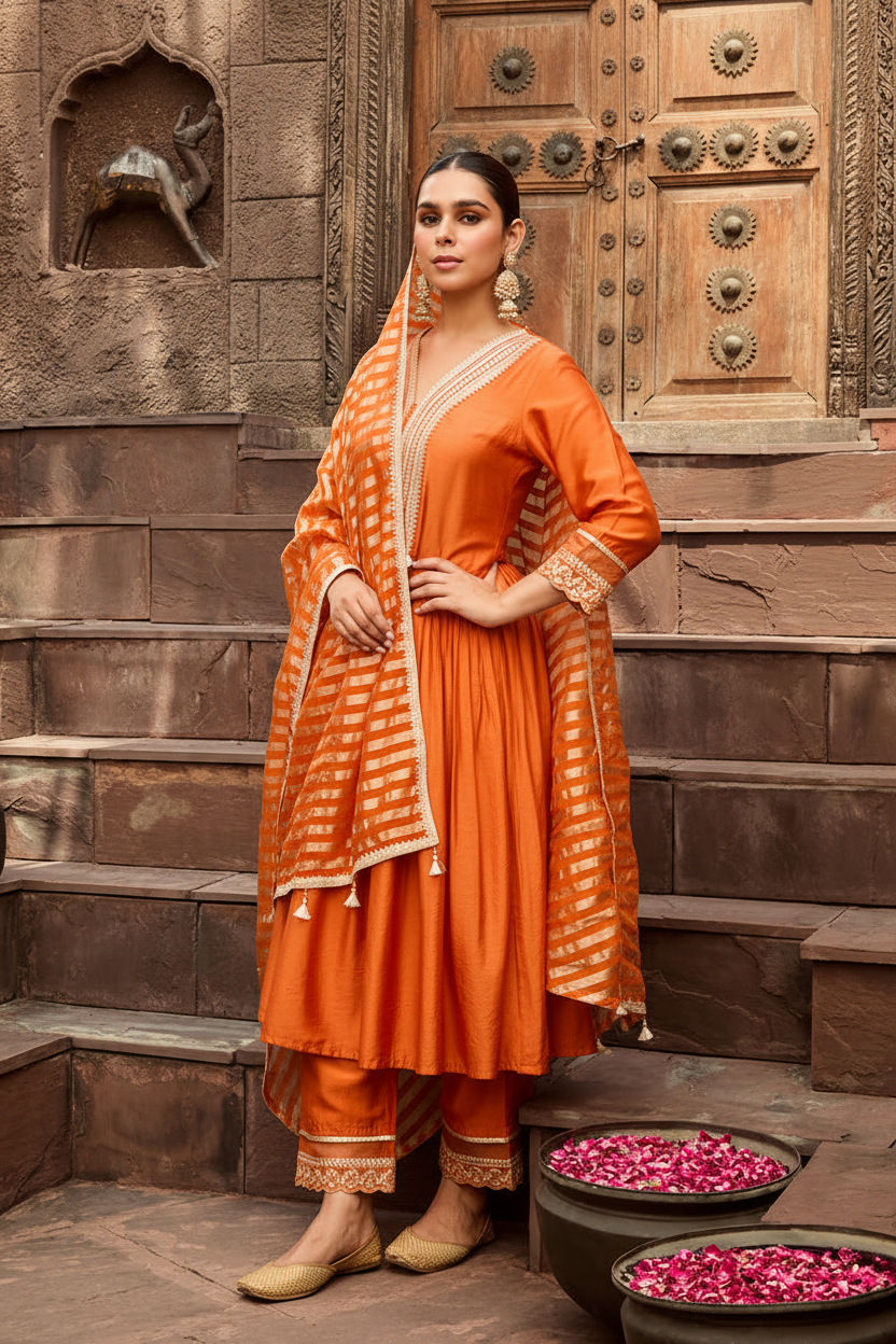 Orange Striped Organza Dupatta