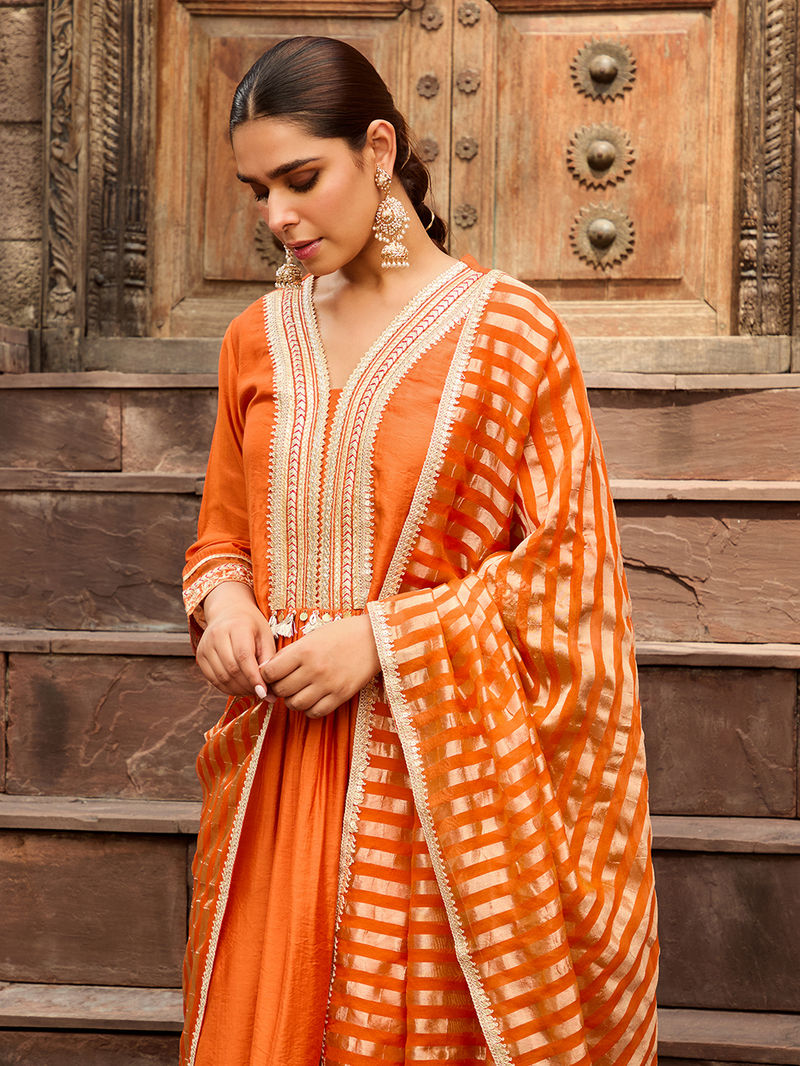 Gota Embroidered Orange Chanderi Kurta Pant Set