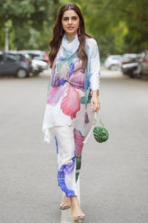 White Floral Viscose Crepe 3-Piece Set