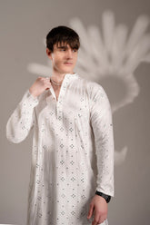 White Chikan Mirror Work Cotton Kurta Men