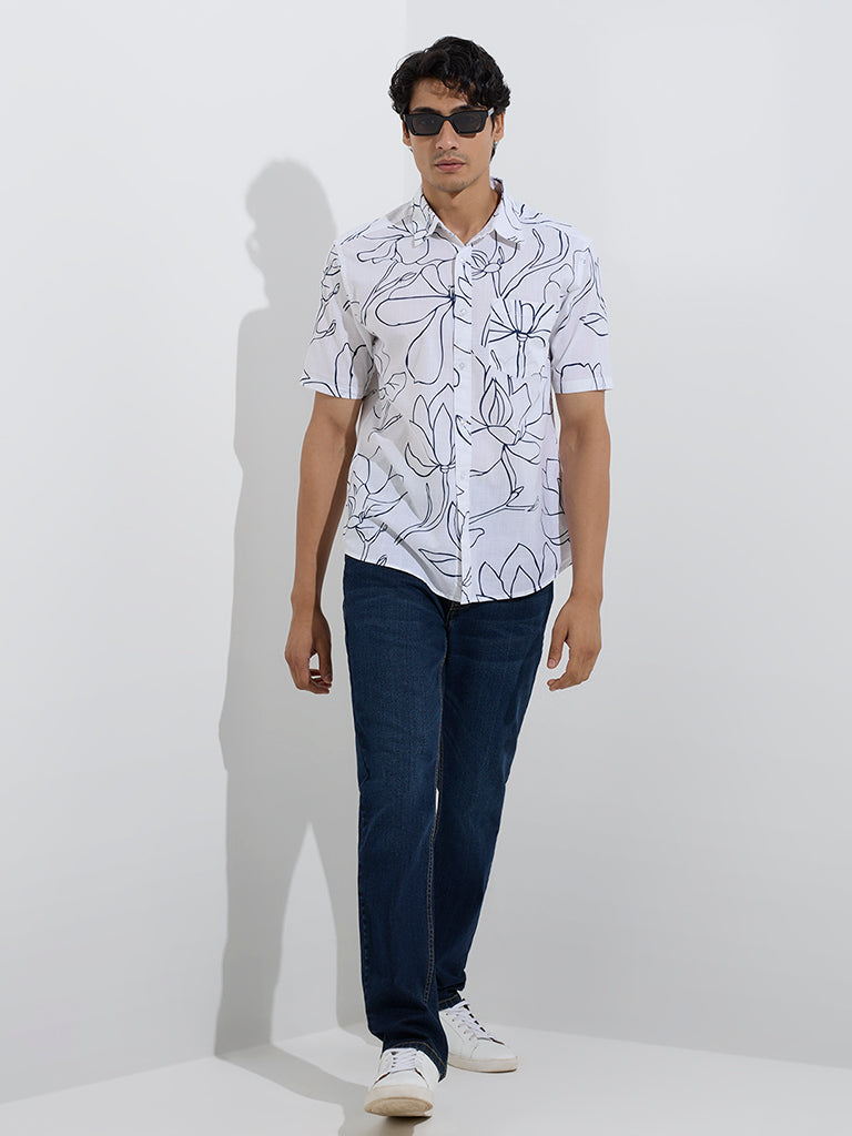 WES Casuals White Floral Cotton Shirt