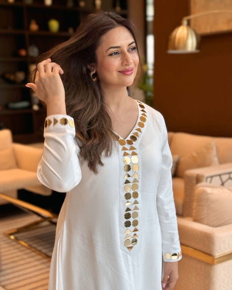 White Gold Dress with Mirror-Work