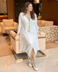 Cotton White Gold Mirror Work Dress