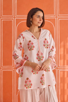 WHITE-PINK FLORAL HAND BOCK PRINTED KURTA & FARSI SALWAR CO-ORD SET