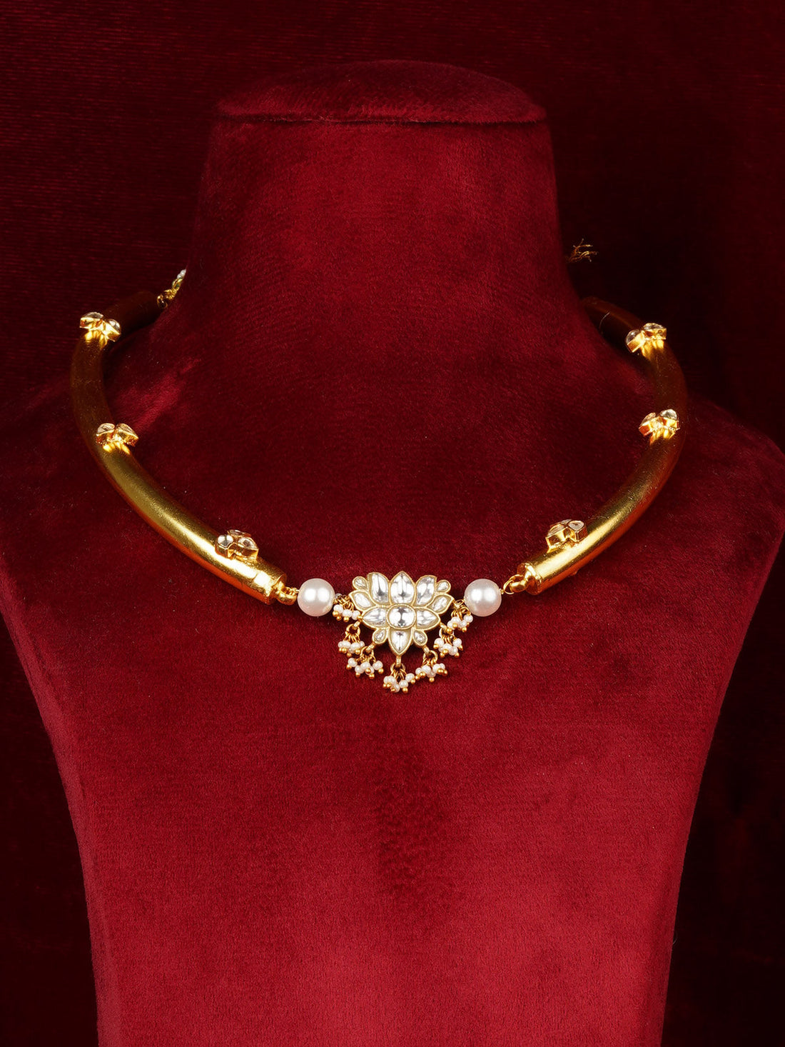 White Jadau Kundan Gold Necklace Set – MS2498