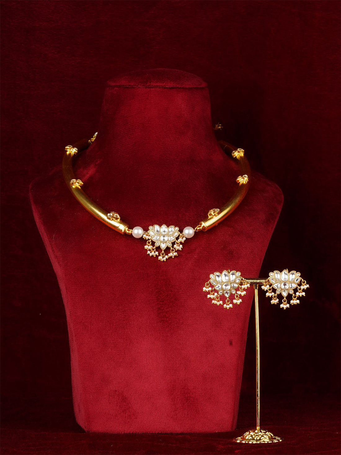 White Jadau Kundan Gold Necklace Set – MS2498
