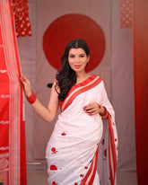 Women's White Khann Saree with Red Border & Motif