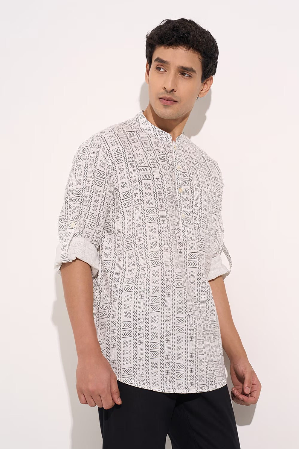 White Printed Kurta Shirt Men