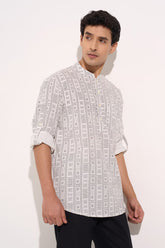 White Printed Kurta Shirt Men