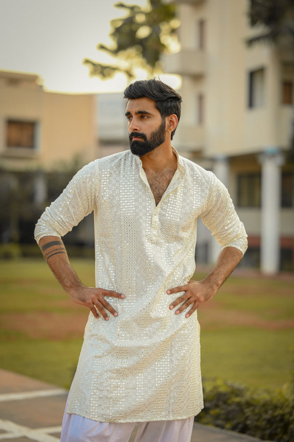 White Sequin Mirror Kurta Men