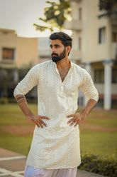 White Sequin Mirror Kurta Men