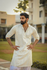 White Sequin Mirror Kurta Men