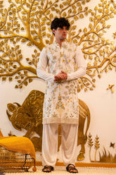 White Botanical Thread Work Kurta for Men