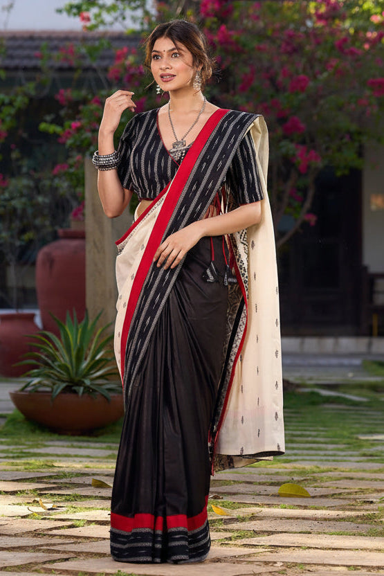Black Saree with Ikat & Jamdani Accents with Stiched Blouse