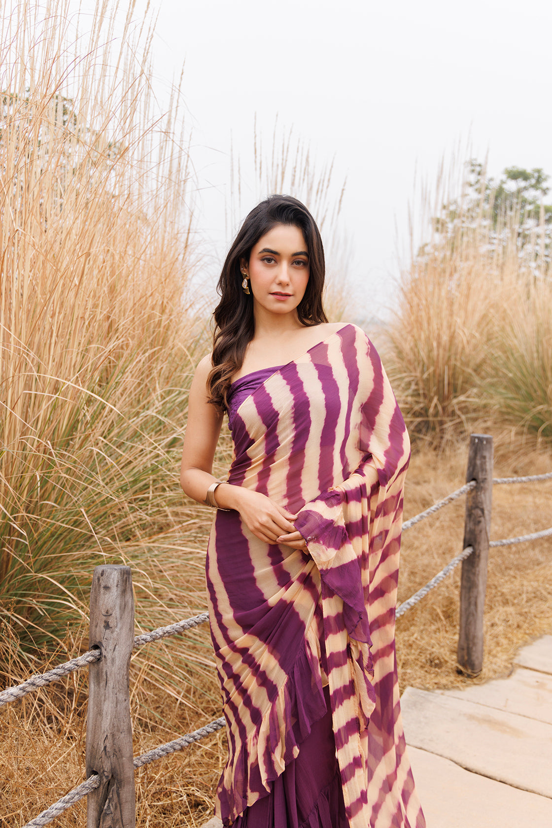 Wine & Beige Ruffle Chiffon Saree