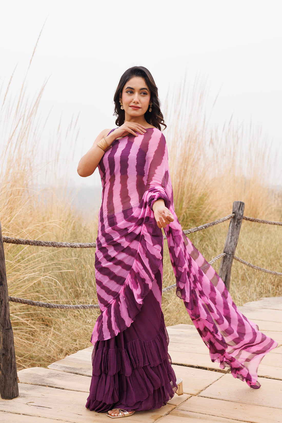 Wine & Pink Ruffle Chiffon Saree Stitched Leheriya Chiffon Saree
