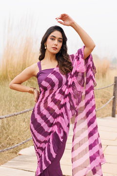 Wine & Pink Ruffle Chiffon Saree Stitched Leheriya Chiffon Saree