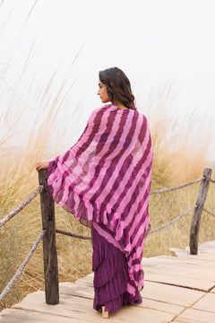 Wine & Pink Ruffle Chiffon Saree Stitched Leheriya Chiffon Saree