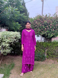 Mocha Blossom Viscose Georgette Straight Chikankari Kurta Set