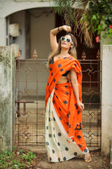 Orange and Cream Mul Mul Printed Saree