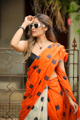 Orange and Cream Mul Mul Printed Saree