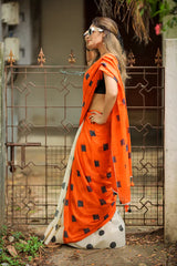 Orange and Cream Mul Mul Printed Saree