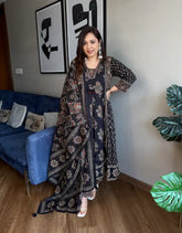Ashna noir Ajrakh print Anarkali suit